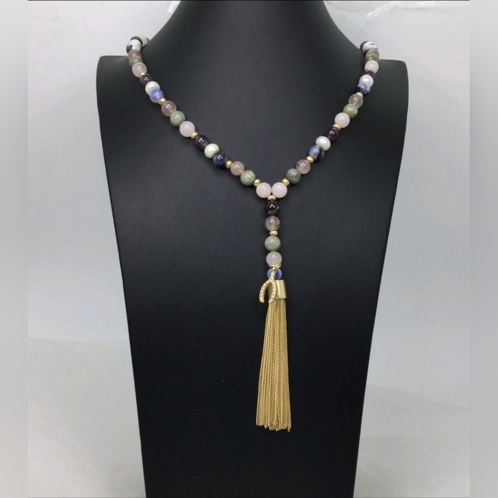 White House Black Market Mixed Stone Tassel Necklace 28" EUC